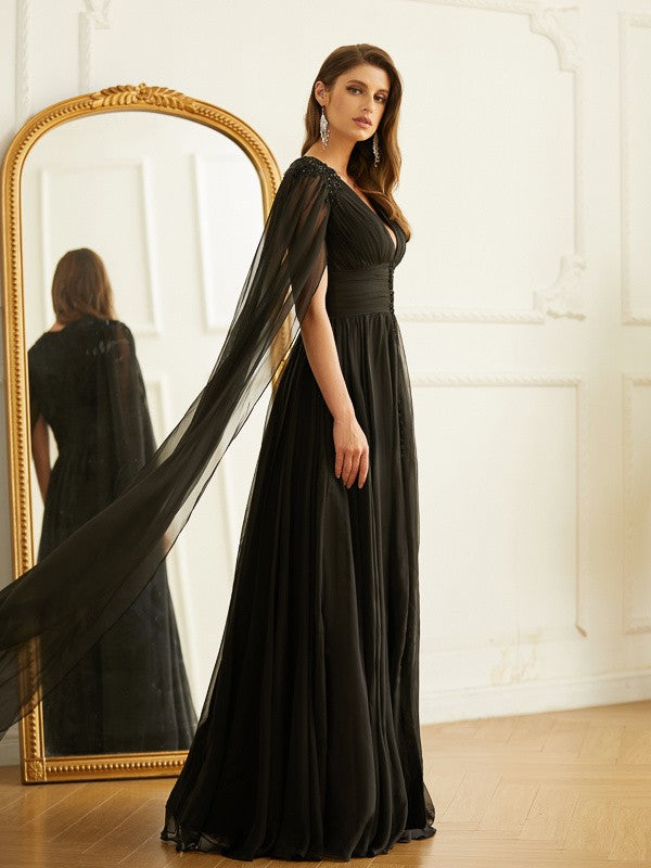 Black Chiffon A-Line Floor-Length Evening Dress with Pleated Bodice & Cape Sleeves