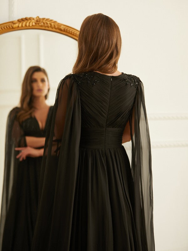 Black Chiffon A-Line Floor-Length Evening Dress with Pleated Bodice & Cape Sleeves