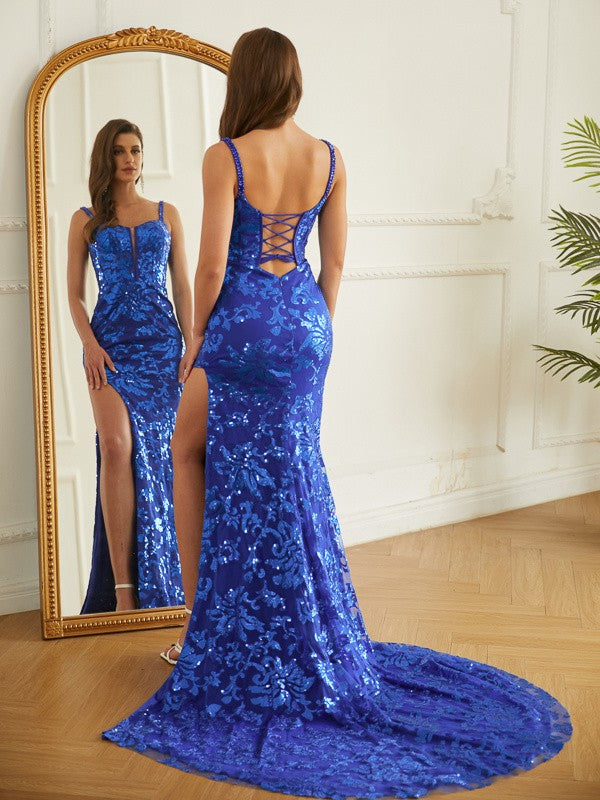 Royal Blue Sequin Mermaid Sweetheart Floor-Length Evening Dress