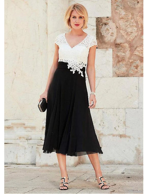 Vestido de madre de la novia de corte A, talla grande, escote en V, largo hasta la rodilla, de gasa, encaje, manga corta con fruncido de encaje