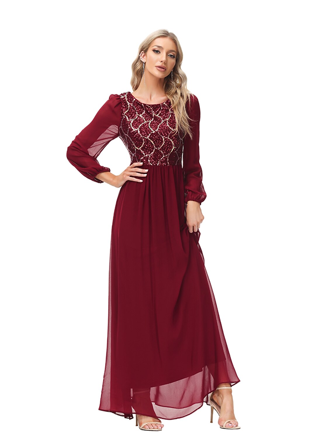 Burgundy Chiffon A-Line Floor-Length Evening Dress with Sequin Bodice