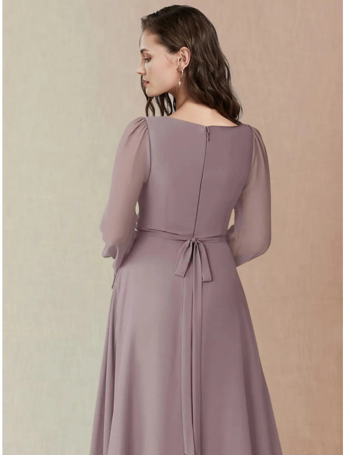 Lavender Chiffon A-Line Floor-Length Dress with Sheer Puff Sleeves & High Slit for Bridesmaids & Wedding Guests