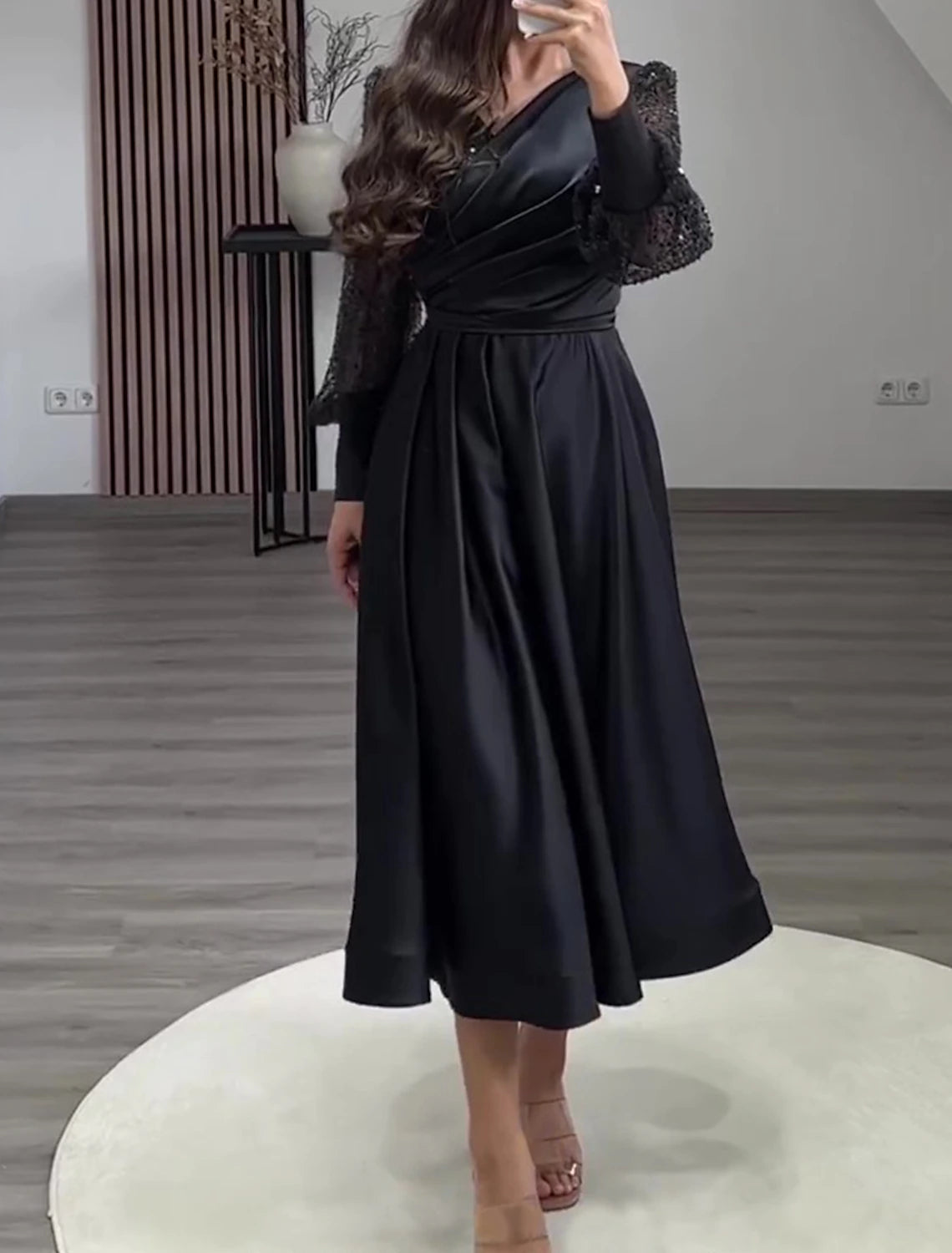 A-Line Cocktail Dresses Sparkle Black Dress Wedding Party Wear Tea Length Long Sleeve V Neck Charmeuse with Ruched Pearls Sequin 2025