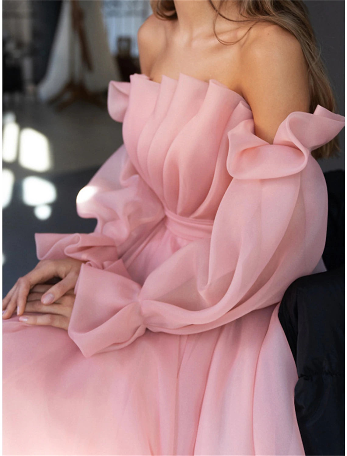 Pink Off-the-Shoulder Organza A-Line Tea-Length Bridesmaid Dress