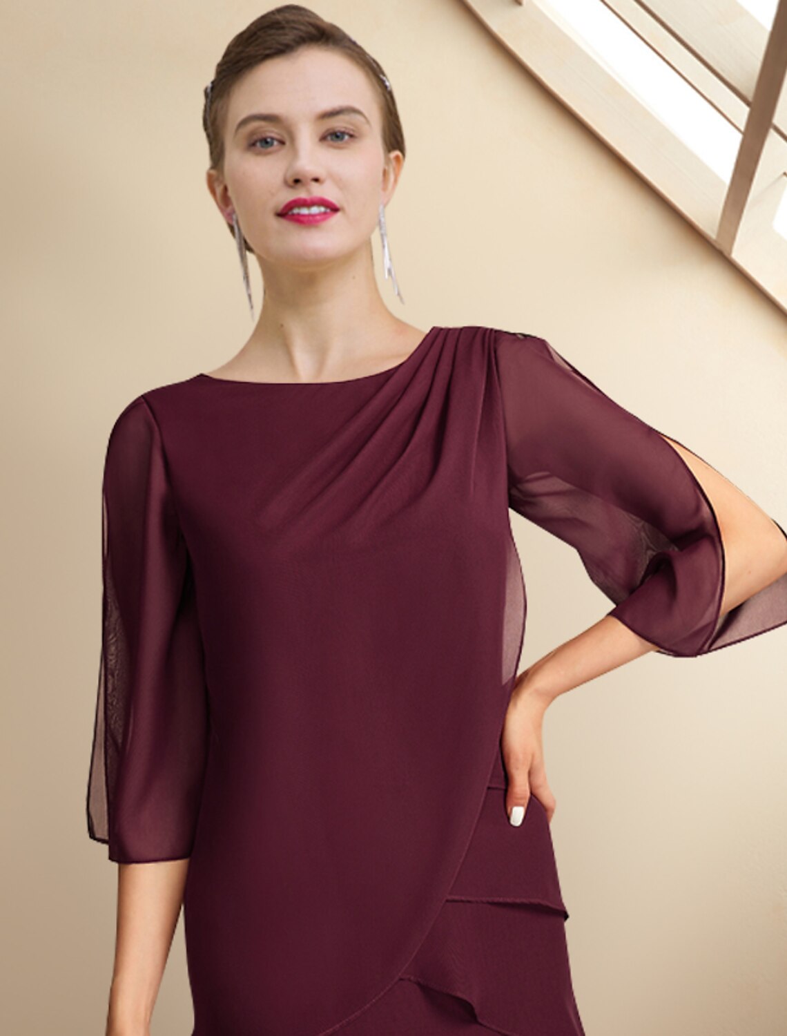 Burgundy Cowl Neck Chiffon A-Line Floor-Length Dress
