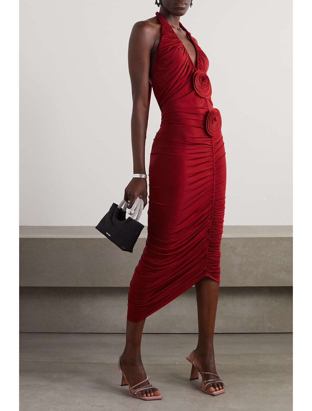 Red Stretch Knit Sheath/Column Short Halter Neck Ruched Rosette Evening Dress
