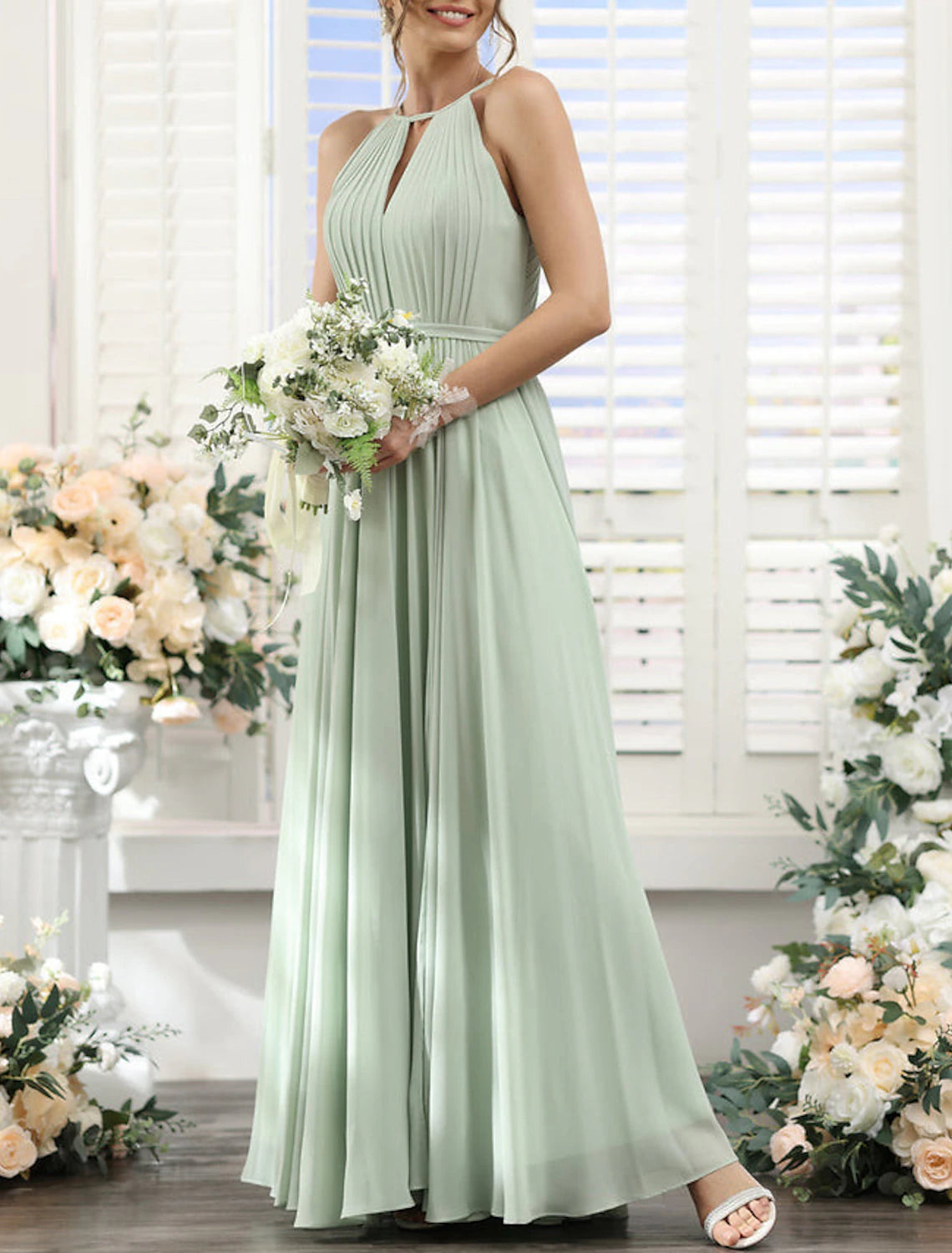 Sage Green Chiffon A-Line Halter neckline Floor-Length Dress with Pleated bodice & Keyhole neckline for Bridesmaid & Wedding-Guest