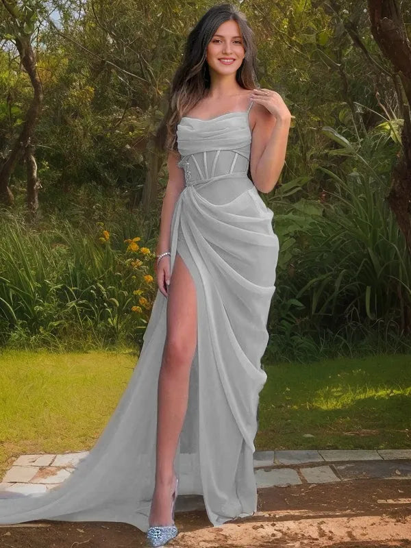 Soft Grey Tulle Mermaid Corset Cowl Spaghetti Strap Lace Up Back Slit Long Prom Dress