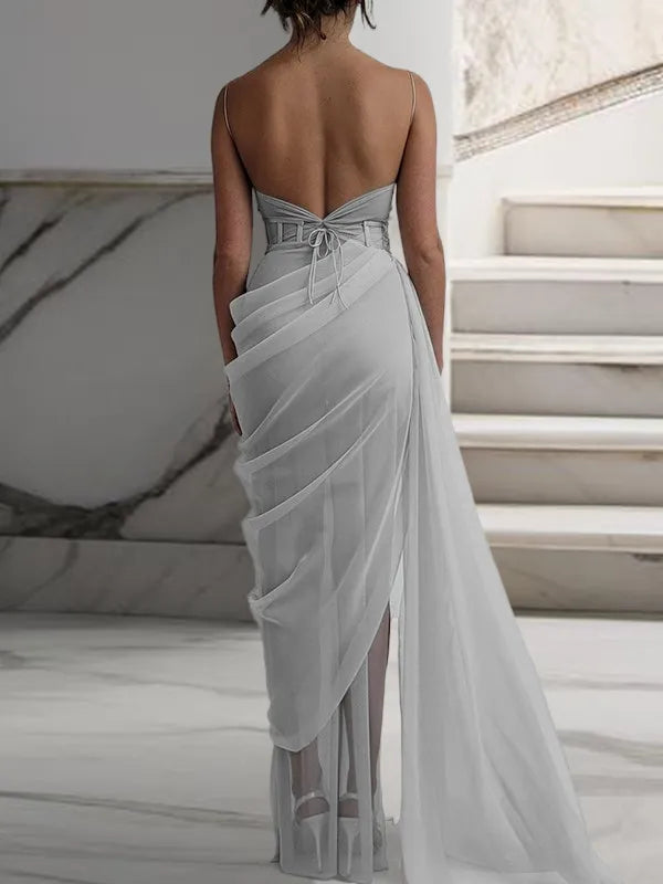 Soft Grey Tulle Mermaid Corset Cowl Spaghetti Strap Lace Up Back Slit Long Prom Dress