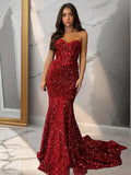 Glam Burgundy Sequin Mermaid Strapless Sweetheart Corset Back Train Prom Dress