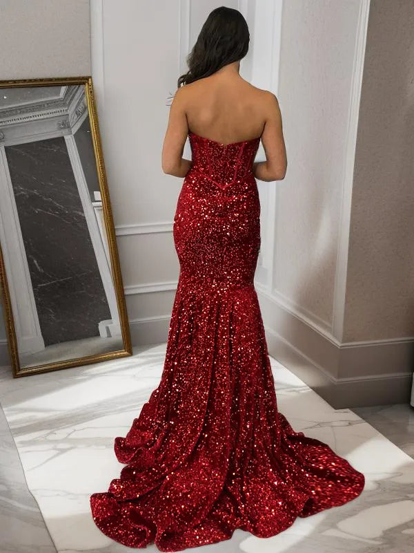 Glam Burgundy Sequin Mermaid Strapless Sweetheart Corset Back Train Prom Dress