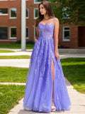 Dreamy Lavender Tulle A-Line Sweetheart Spaghetti Strap V-Back Slit Long Prom Dress