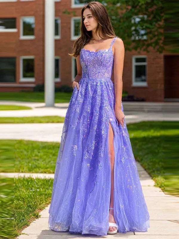 Dreamy Lavender Tulle A-Line Sweetheart Spaghetti Strap V-Back Slit Long Prom Dress