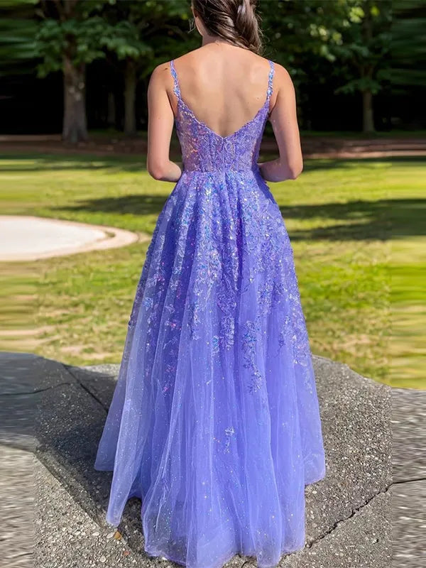 Dreamy Lavender Tulle A-Line Sweetheart Spaghetti Strap V-Back Slit Long Prom Dress