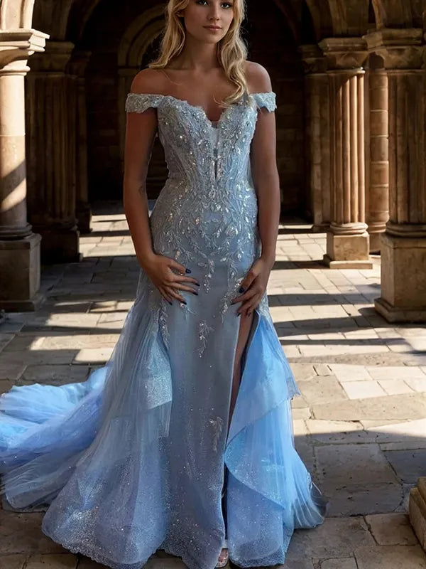 Gorgeous Light Blue Glitter Tulle Mermaid Off Shoulder V-Back Slit Train Prom Dress