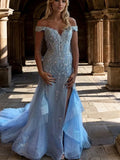 Gorgeous Light Blue Glitter Tulle Mermaid Off Shoulder V-Back Slit Train Prom Dress