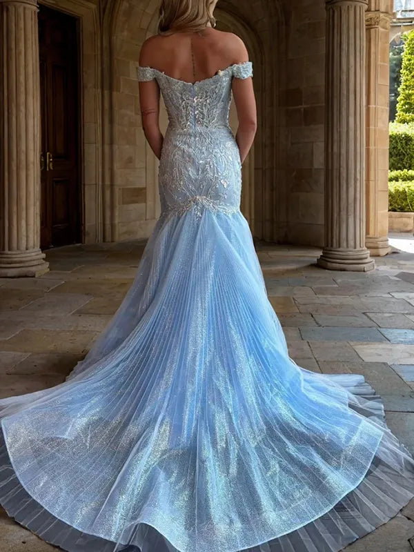 Gorgeous Light Blue Glitter Tulle Mermaid Off Shoulder V-Back Slit Train Prom Dress