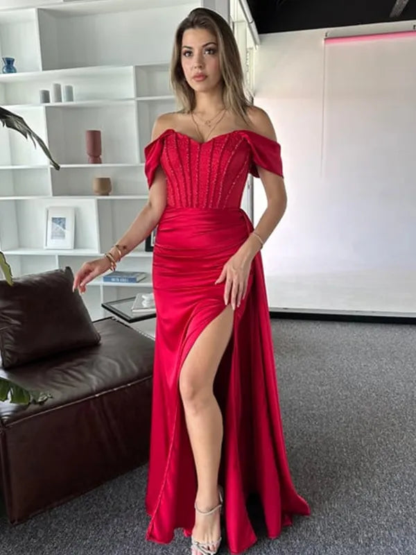 Beaded A Line Sweetheart Off Shoulder Open Back Slit Long Prom Gown