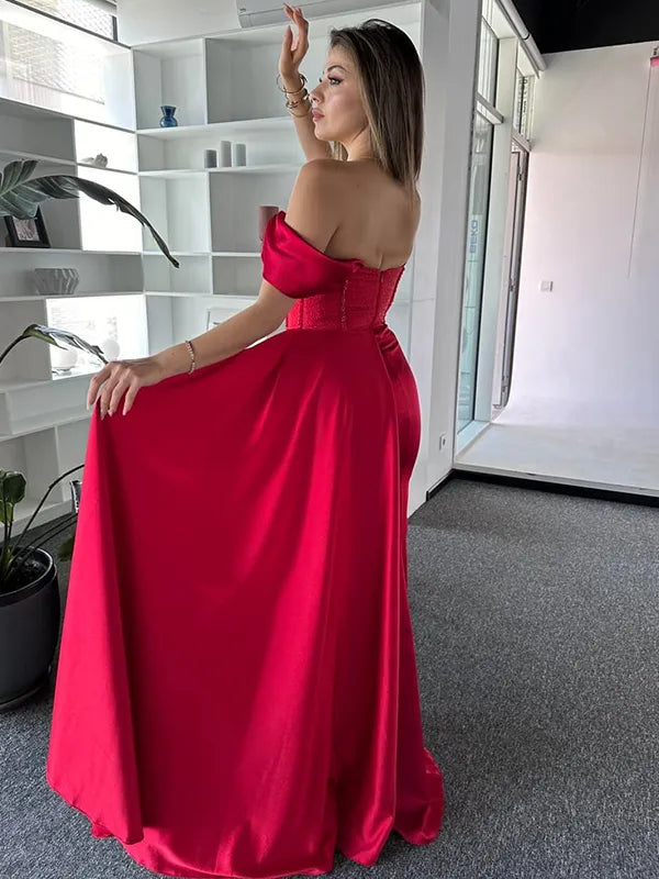 Beaded A Line Sweetheart Off Shoulder Open Back Slit Long Prom Gown