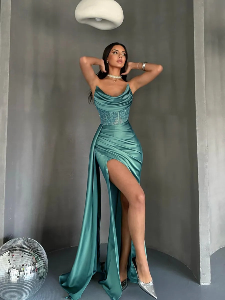 Sparkly Mermaid Cowl Strapless Open Back Slit Long Prom Gown