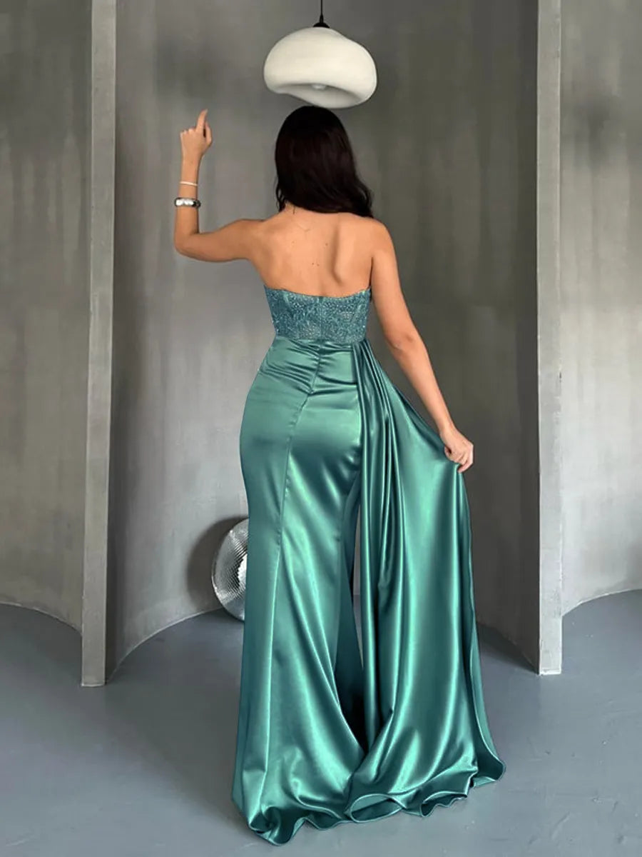 Sparkly Mermaid Cowl Strapless Open Back Slit Long Prom Gown