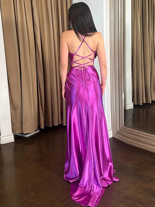 Shiny Mermaid V Neck Halter Crisscross Back Slit Long Prom Gown