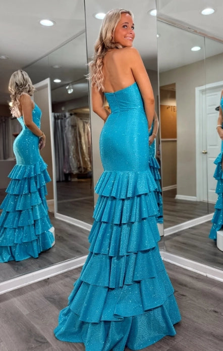 Peacock Blue Glitter Fabric Mermaid Halter Zipper Back Floor Length Dress Back View - Jimiss