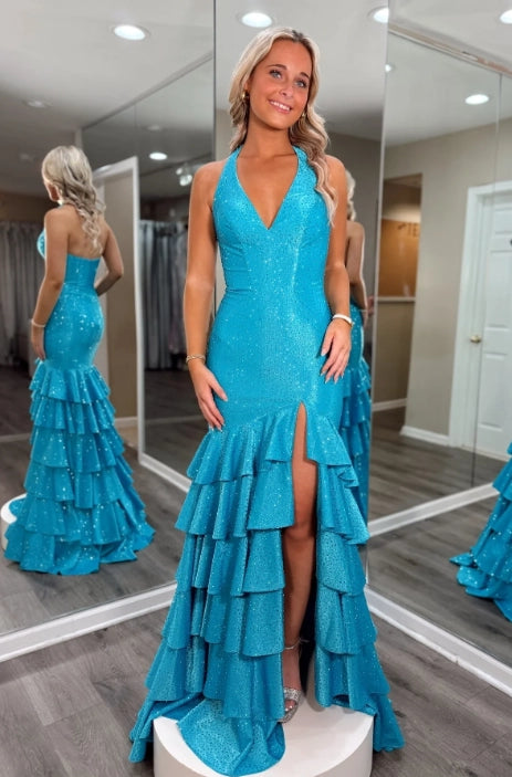 Peacock Blue Glitter Fabric Mermaid Halter Zipper Back Floor Length Dress Front View - Jimiss