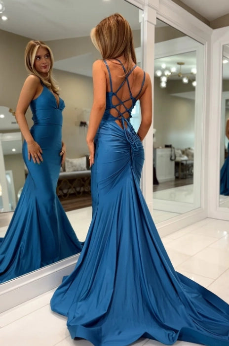 Peacock Blue Satin Mermaid Plunging V-Neck Floor Length Dress - Jimiss