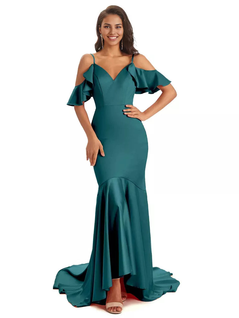 Soft Satin Asymmetric Spaghetti Straps Sleeveless Mermaid Cold Shoulder Bridesmaid Dresses