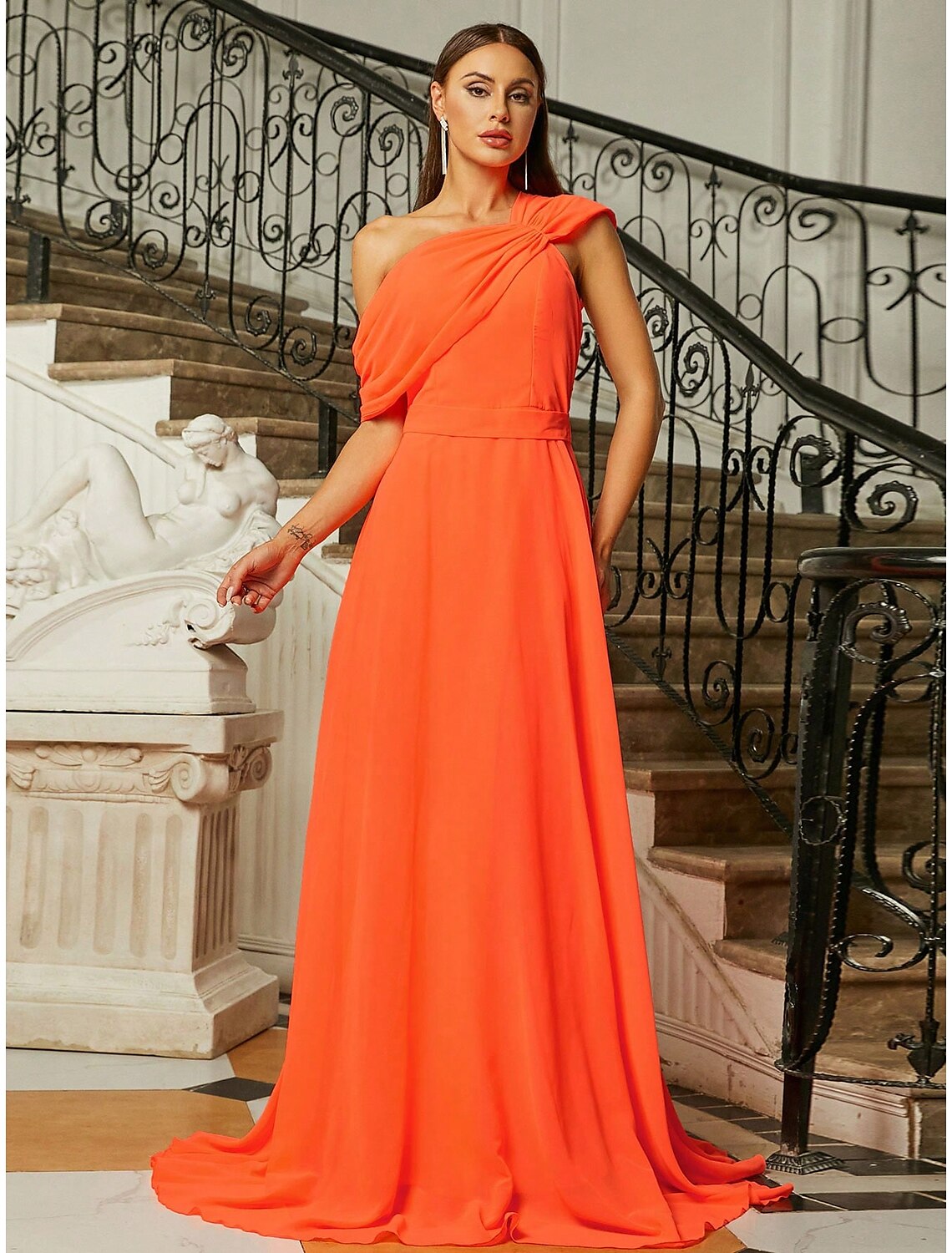 Black One Shoulder Chiffon A-Line Floor-Length Gown