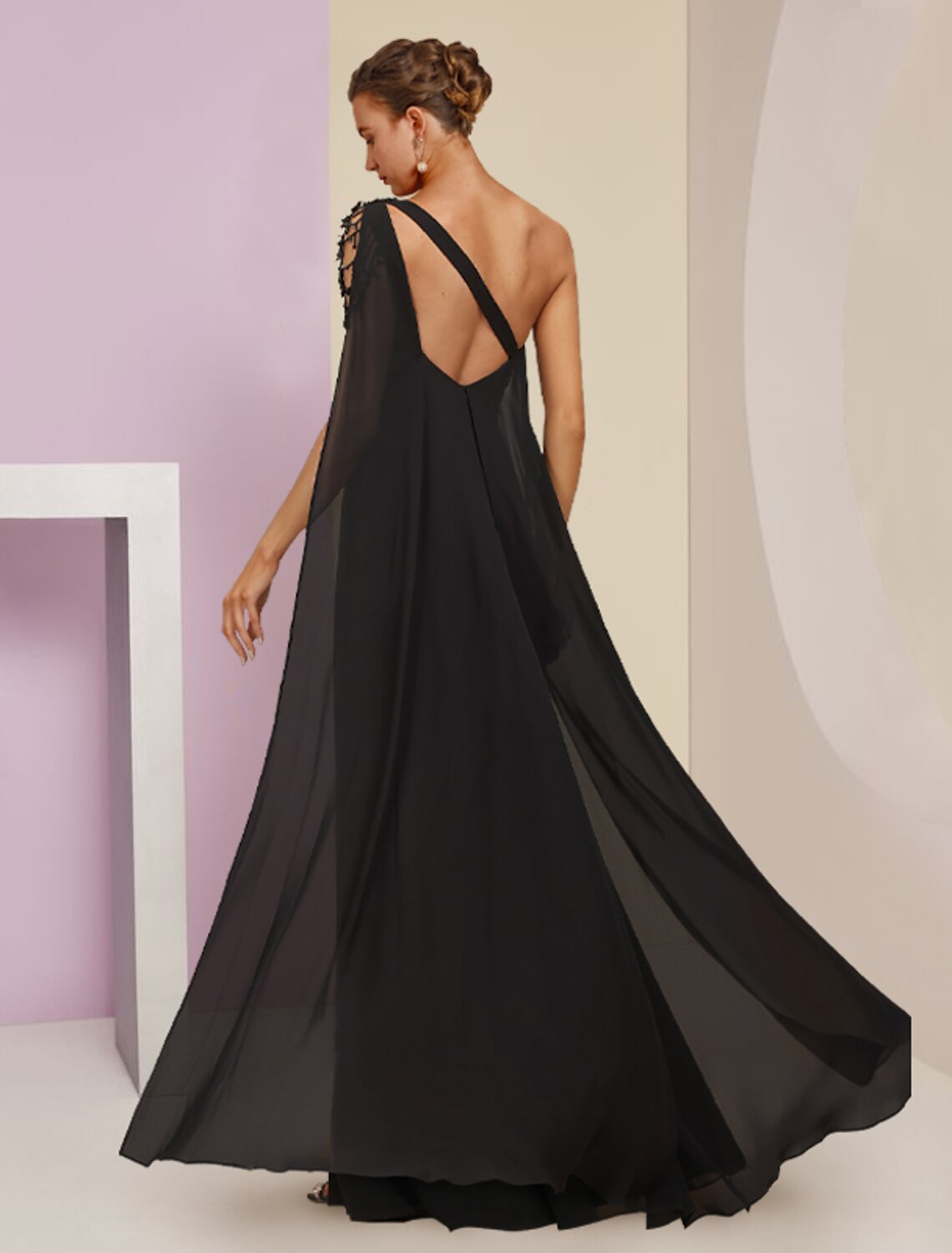 Abito da cerimonia per la madre della sposa, in stile a trapezio, elegante, vintage, monospalla, lunghezza al pavimento, lunghezza tè, in chiffon, senza maniche, con fascia/nastro e perline