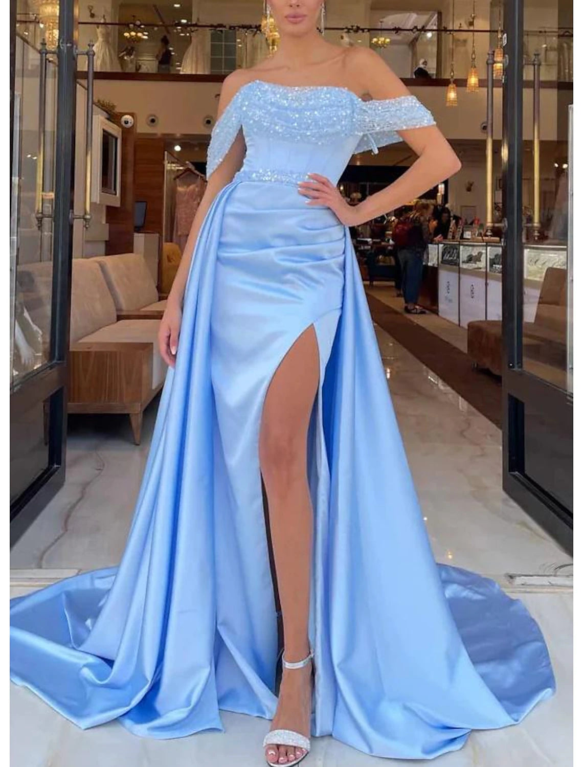 A-Line Prom Dresses Elegant Dress Formal Prom Sweep / Brush Train Short Sleeve Off Shoulder Satin with Ruched Sequin Slit