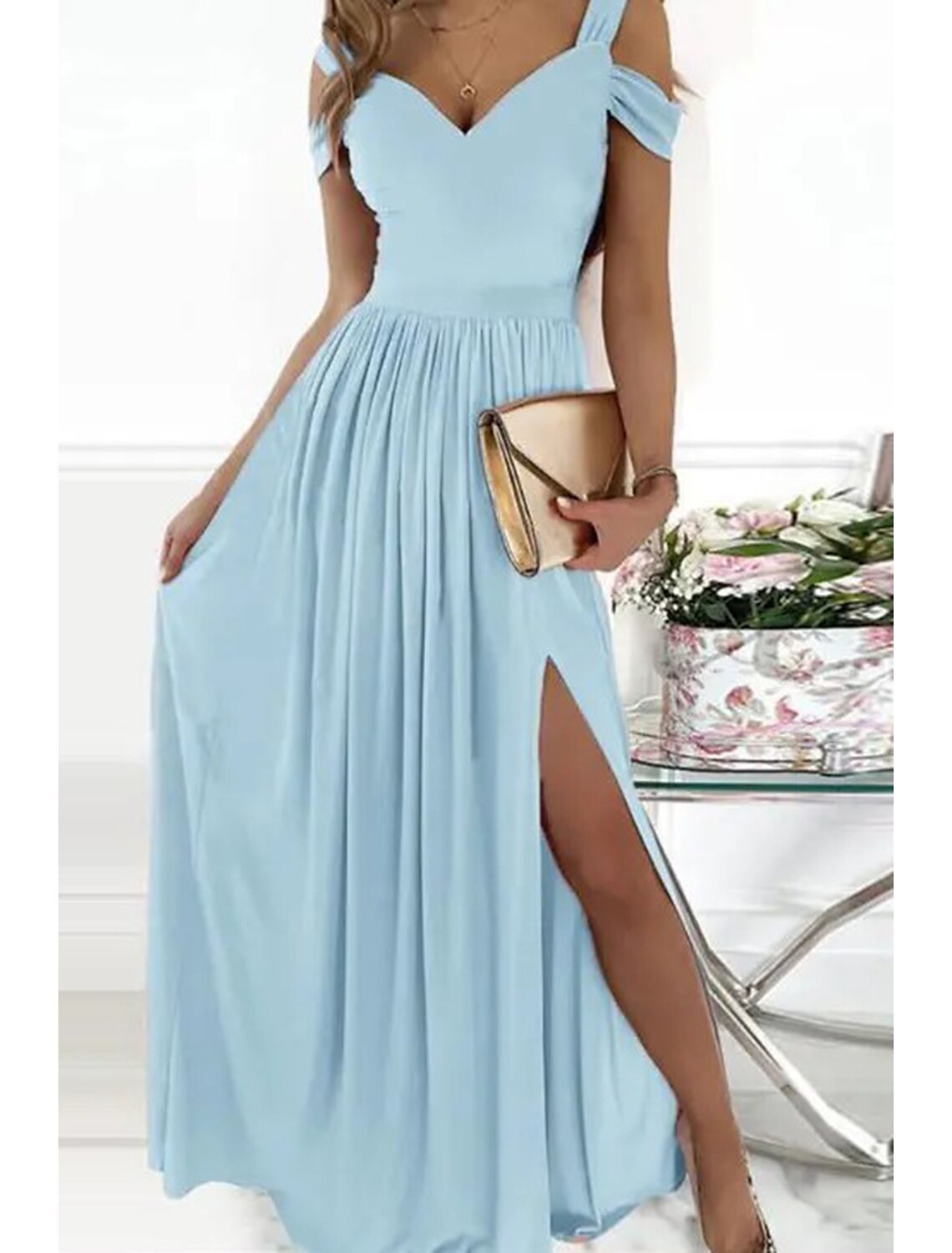 Women‘s Cold Shoulder V Neck Long Short Sleeve Pure Color Romantic Party Homecoming Dress