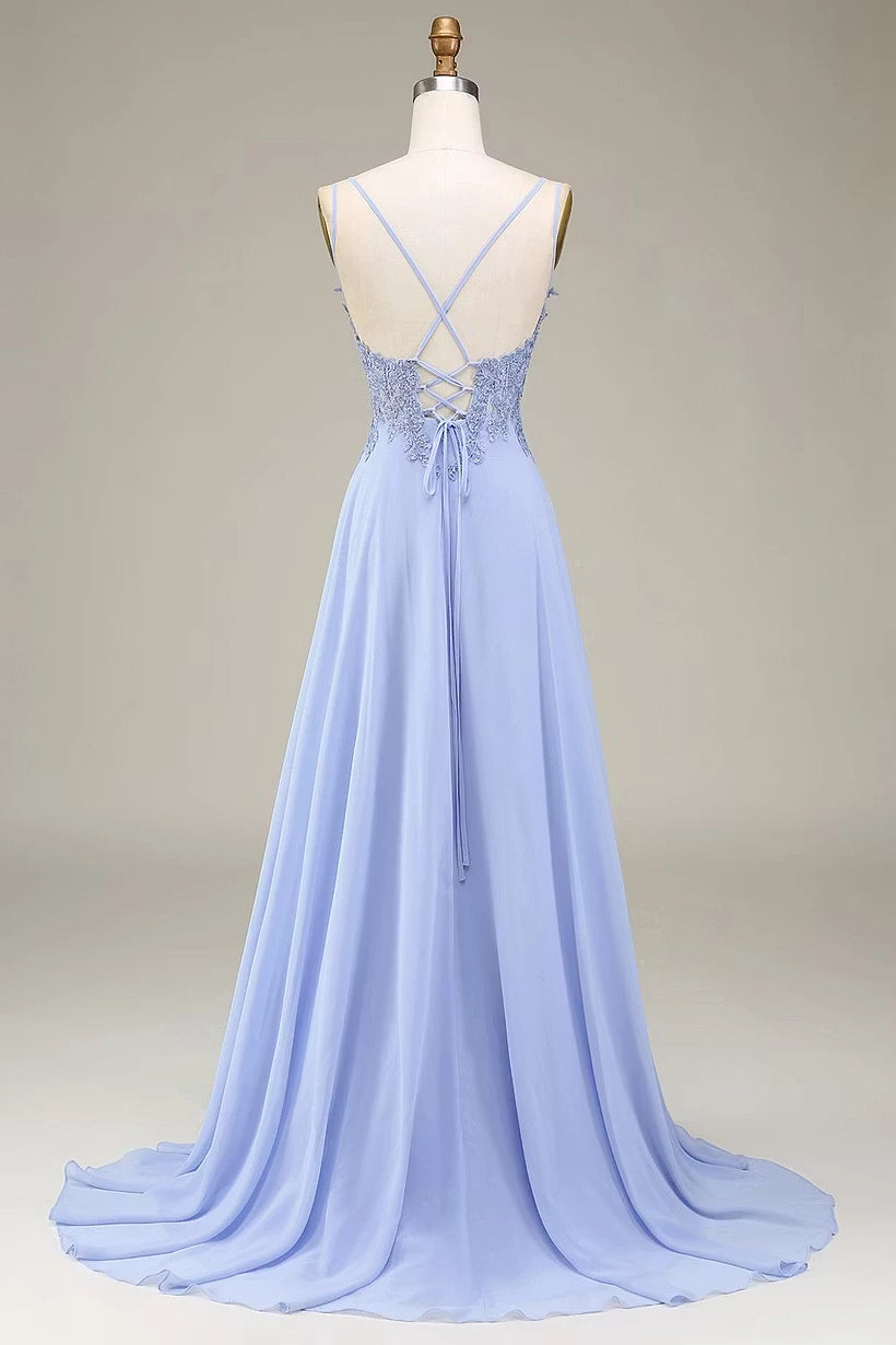 Periwinkle Blue Chiffon with Lace Applique A-Line V-Neck Floor-Length Dress Back View - Jimiss