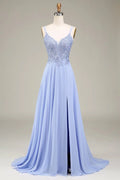 Periwinkle Blue Chiffon with Lace Applique A-Line V-Neck Floor-Length Dress Front View - Jimiss