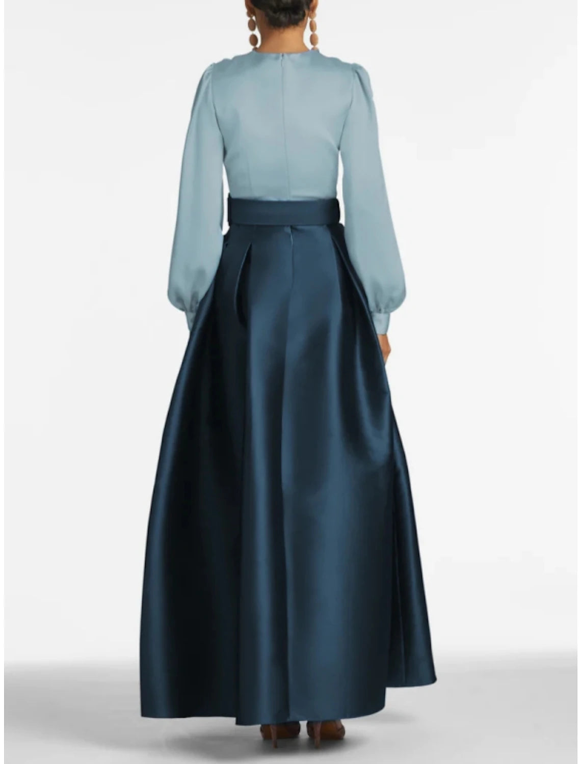 Abito da sera a trapezio con spacco alto, abito da cerimonia per invitati a nozze, lunghezza al pavimento, manica lunga, scollo a V, cintura/fascia in raso con spacco a pieghe