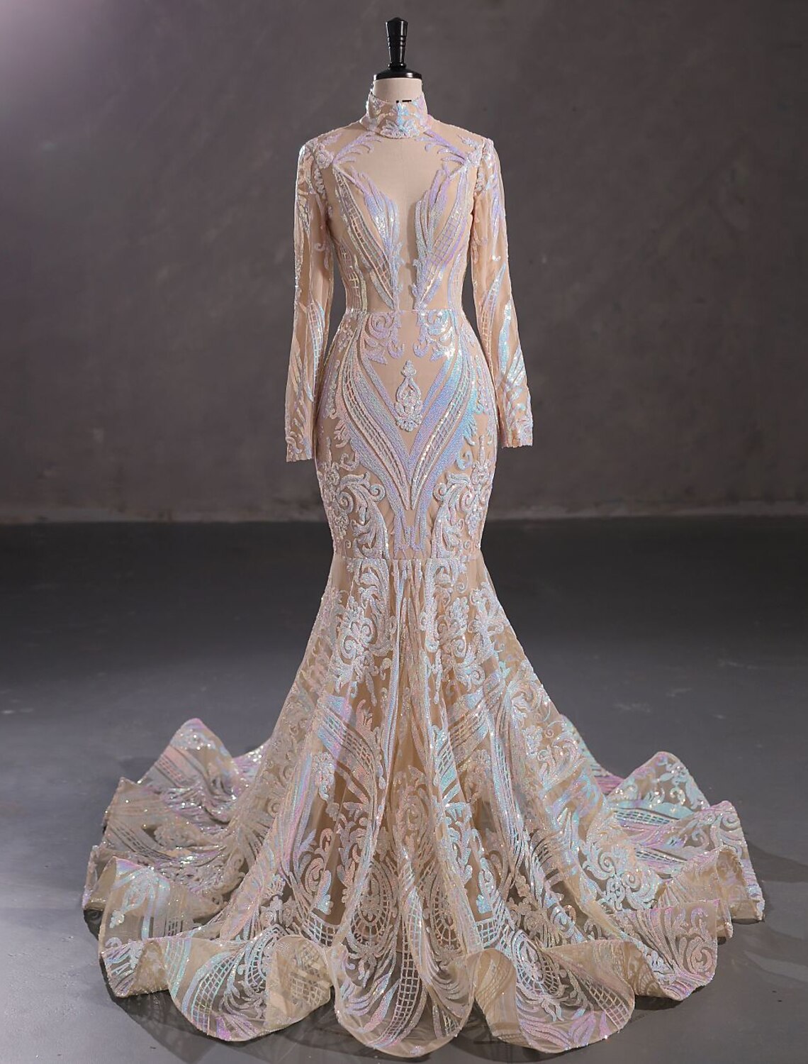 Vestido de fiesta de sirena, vestido de noche, vestido brillante y resplandeciente, vestido de carnaval, Navidad, rojo y verde, cola de corte, manga larga, cuello alto, encaje con lentejuelas