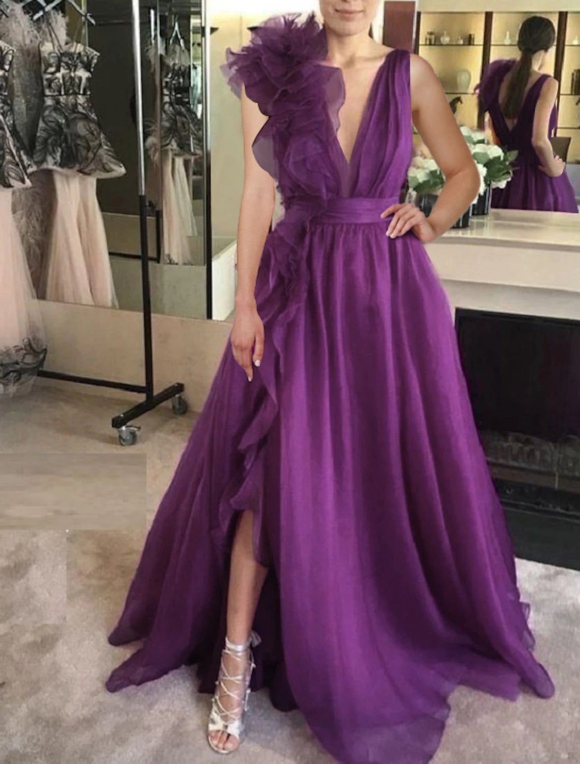 Vestido de noche estilo celebridad, corte en A, color rojo y verde, formal, para invitados de boda, largo hasta el suelo, sin mangas, escote en V, de gasa con abertura, color puro.