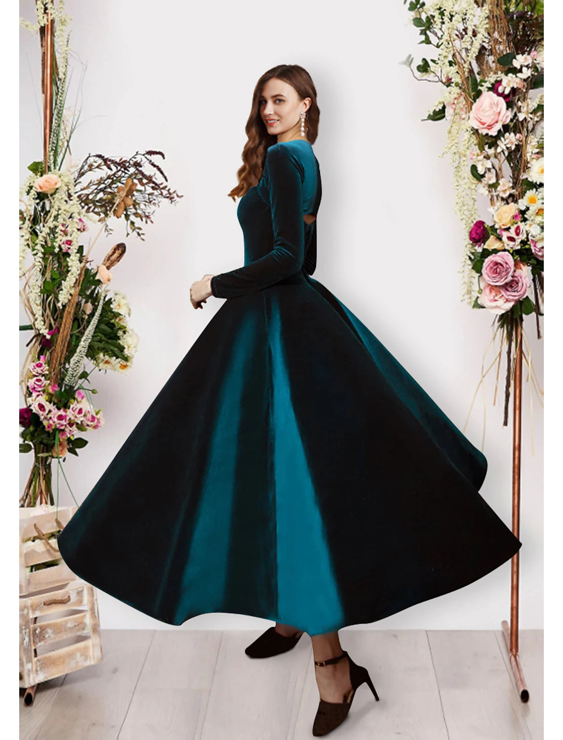 Vestido de noche estilo vintage, vestido de fiesta, vestido formal de noche, largo hasta los tobillos, manga larga, cuello cuadrado, terciopelo con color puro