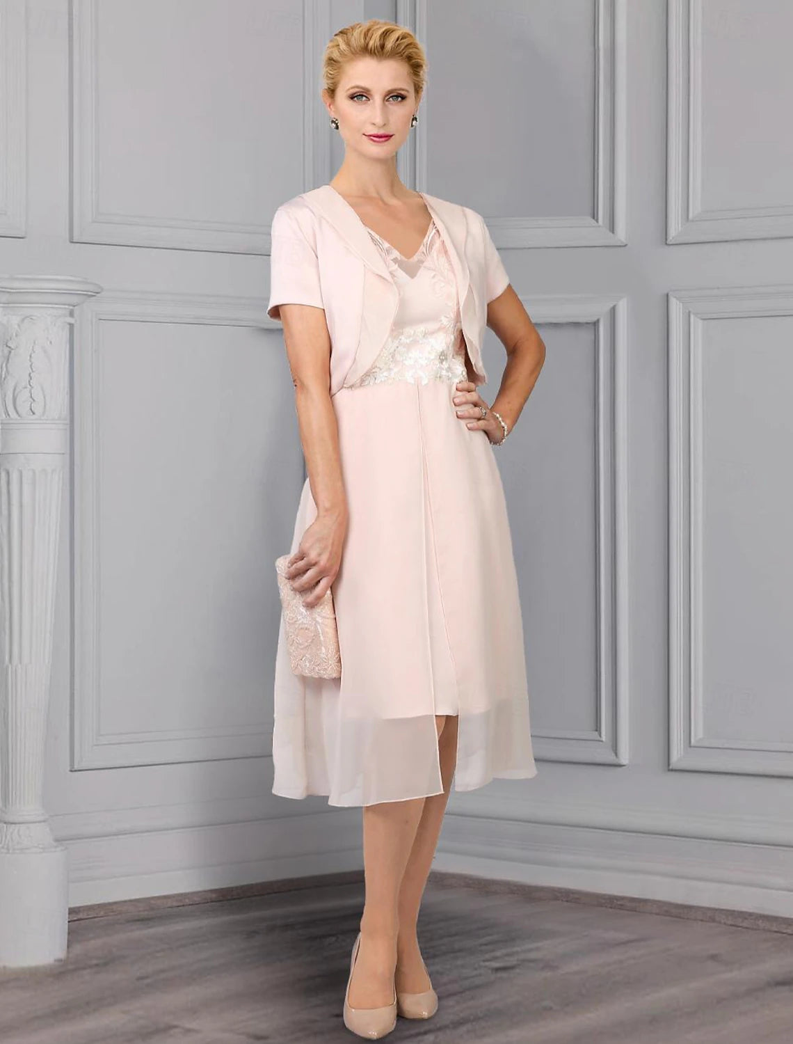 Abito da cerimonia per la madre della sposa in due pezzi, a trapezio, elegante, con scollo a V, lunghezza tè, in chiffon, pizzo, maniche corte, con applicazioni floreali