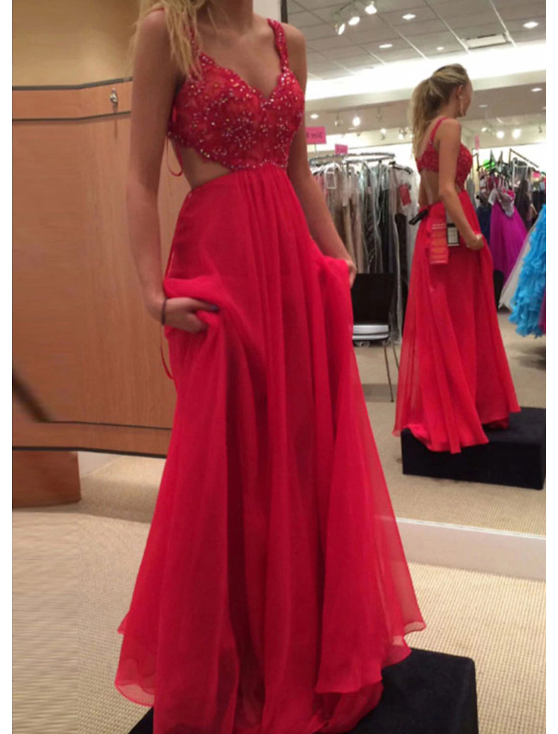 Red Sequin Chiffon A-Line V-Neck Floor-Length Evening Dress with Open Back