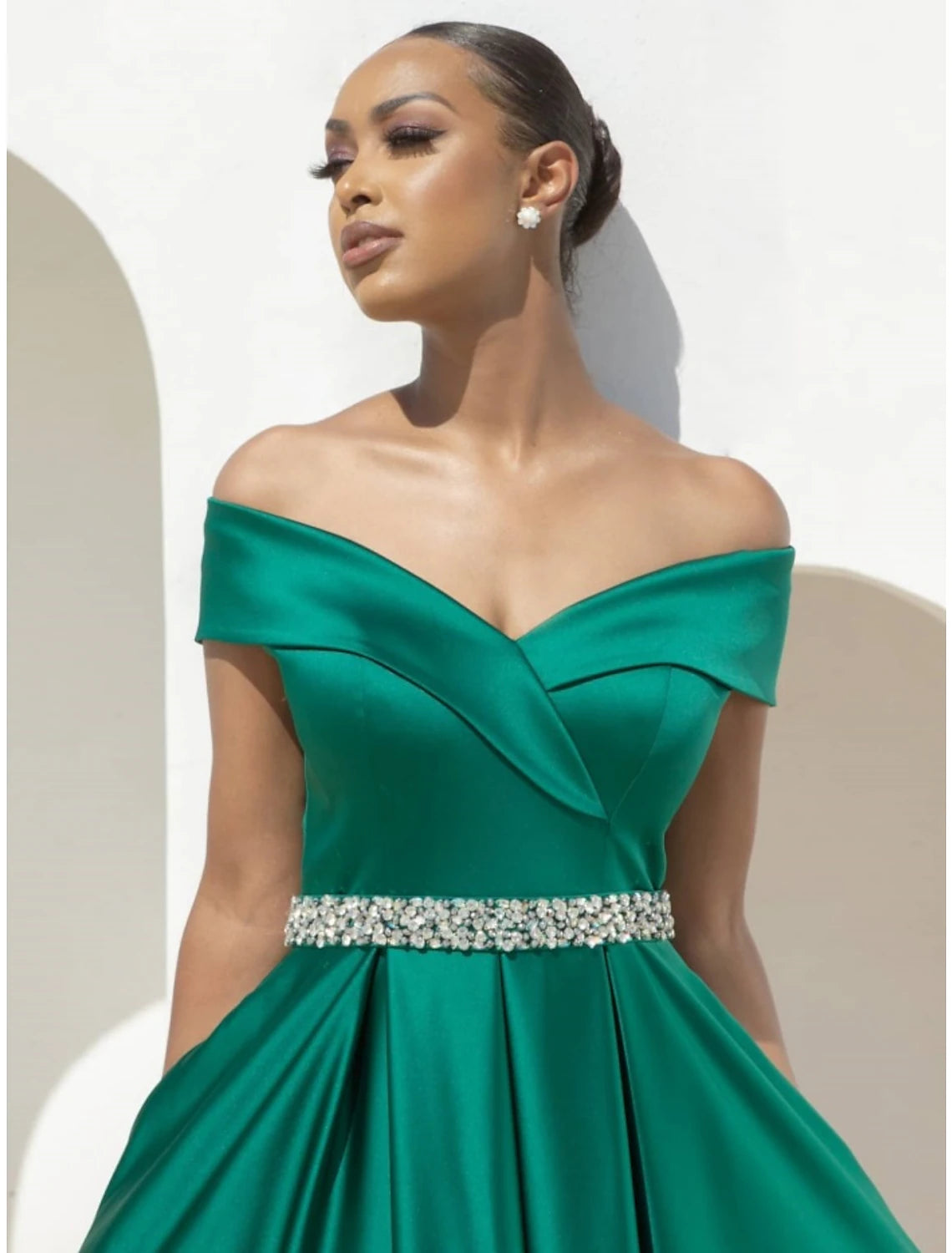 Emerald Satin A-Line Off-the-Shoulder Floor-Length Evening Dress