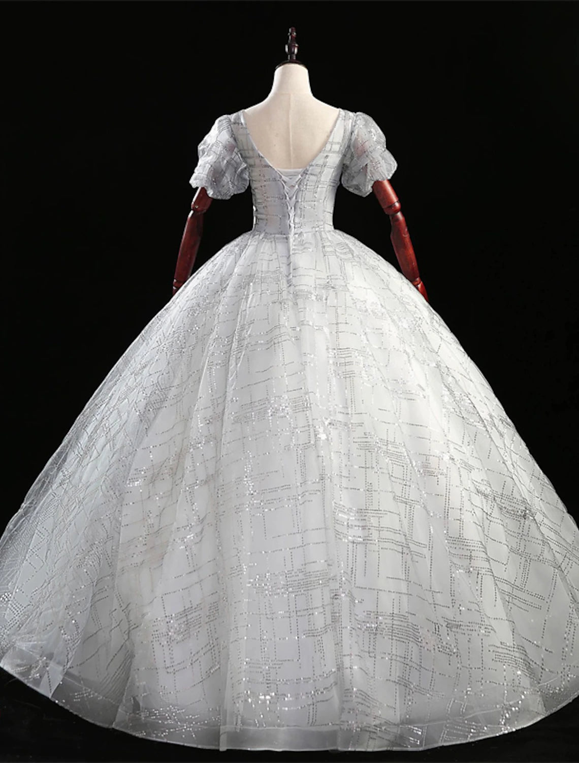 Silver Glitter Tulle V-Neck Ball Gown Floor-Length Evening Dress with Floral Bodice