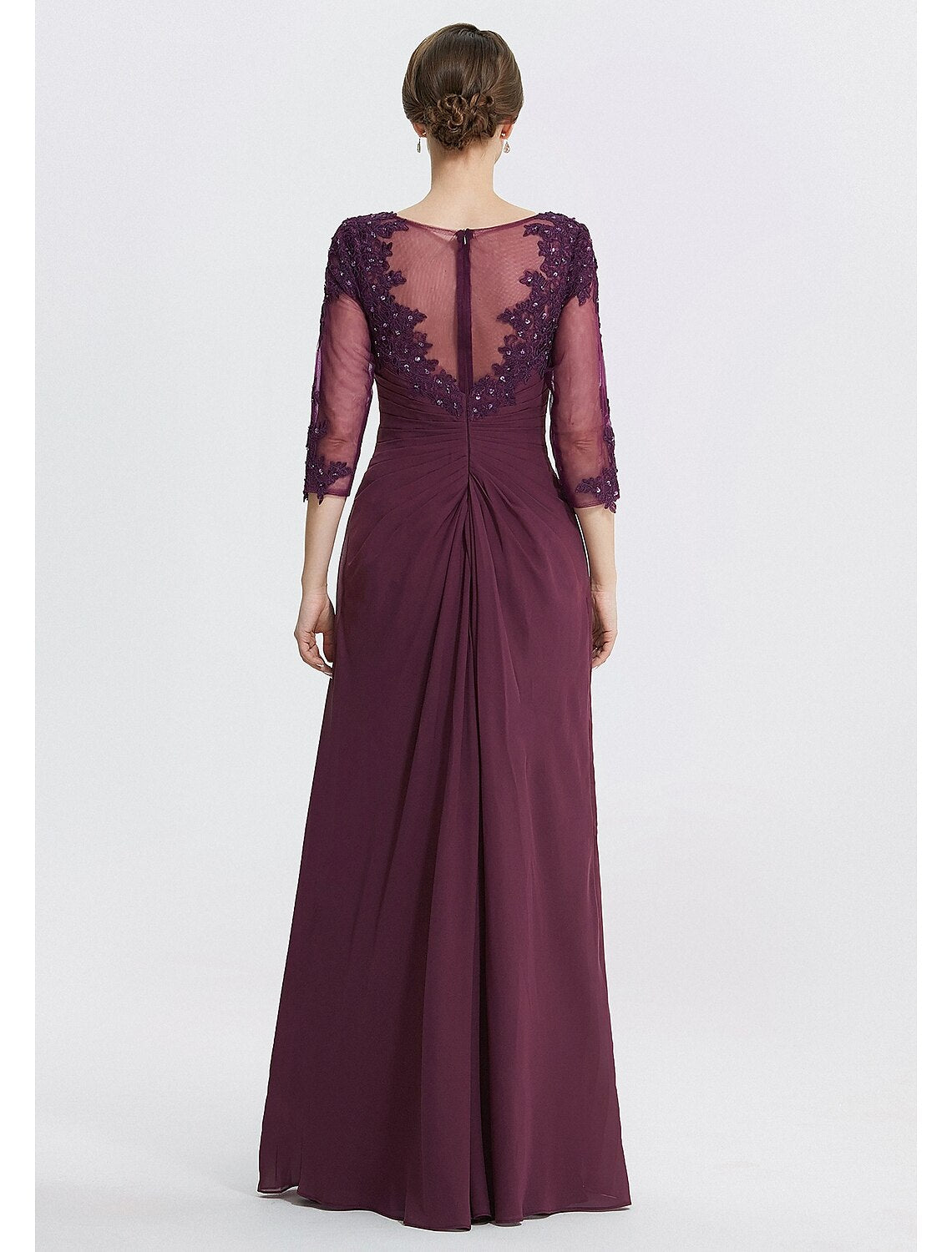 Abito da cerimonia per la madre della sposa, a trapezio, elegante, con scollo gioiello, lunghezza pavimento, in chiffon e pizzo, manica a 3/4, in pizzo tinta unita