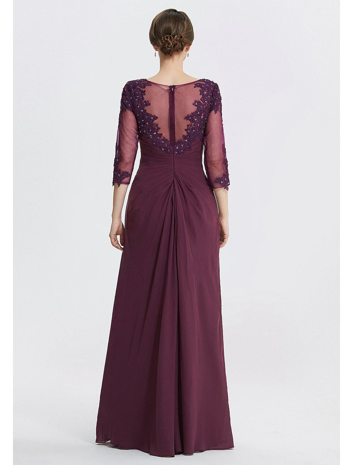 Purple Lace A-Line Floor-Length Evening Dress - Boat Neck, Embroidered Bodice, High Slit