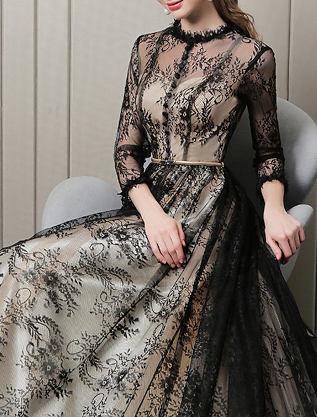 Black Lace A-Line Floor-Length Evening Dress with Lace overlay and High neck