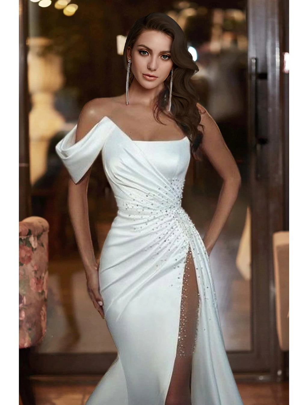 Vestidos de novia normales de corte sirena/trompeta con hombros descubiertos, sin mangas, cola de corte, vestidos de novia de satén con abalorios, ropa de mujer para fiesta de bodas de verano