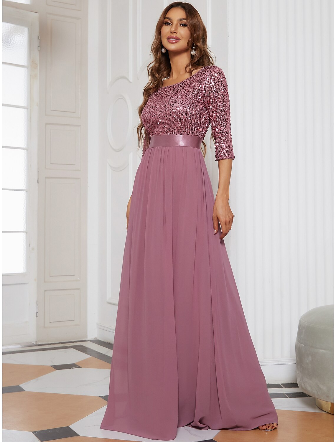 Abito da cerimonia per la madre della sposa, a trapezio, elegante, con scollo gioiello, lunghezza al pavimento, in tulle con paillettes, manica a 3/4, con paillettes, taglie forti
