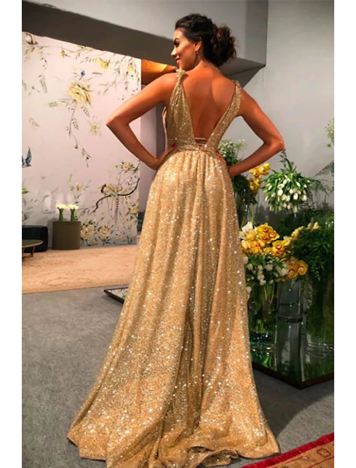 Gold Glitter A-Line Floor-Length Evening Dress with V-Neck & V-Back